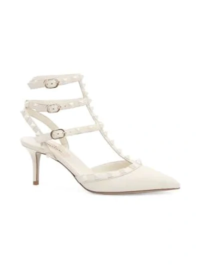 Shop Valentino Rockstud Tonal Leather Ankle-strap Pumps In Light Ivory