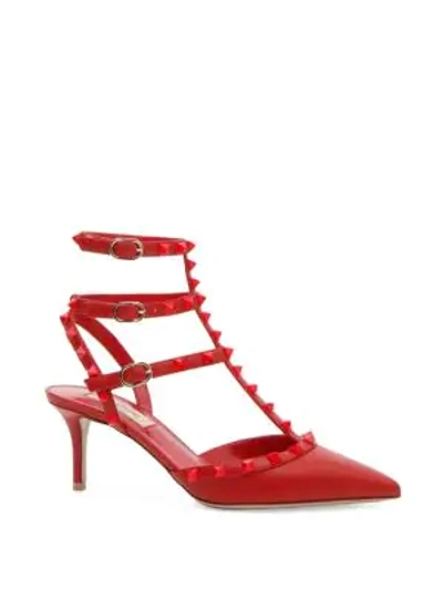 Shop Valentino Rockstud Tonal Leather Sling Heels In Red