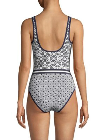 Shop Tory Burch One-piece Octagon-print Swimsuit In Tory Navy