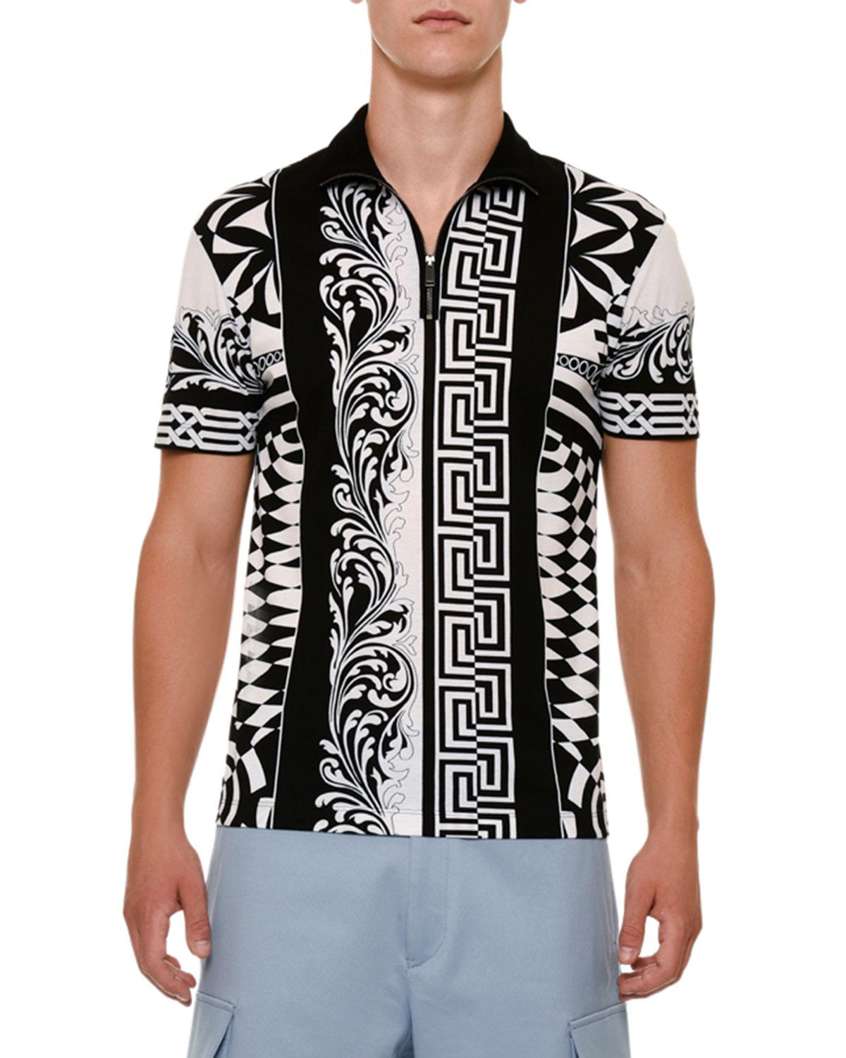 Versace Half-zip Graphic Polo Shirt In White/black | ModeSens