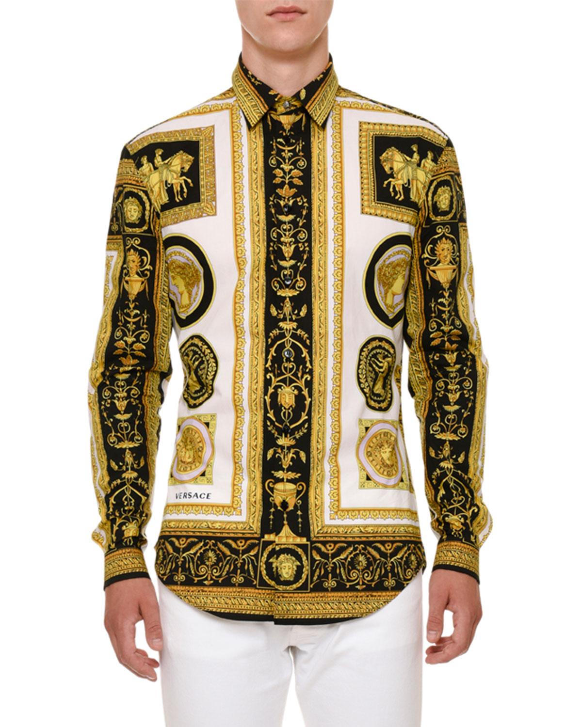 Versace Archival Button-down Print Shirt In Black Yellow | ModeSens