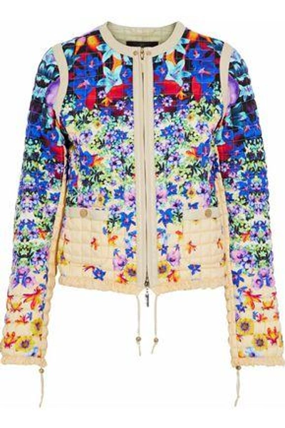 Shop Roberto Cavalli Woman Faux-leather Trimmed Quilted Floral-print Shell Jacket Beige