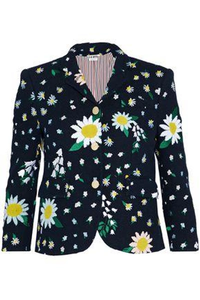 Shop Thom Browne Woman Appliquéd Embroidered Cotton-tweed Jacket Navy