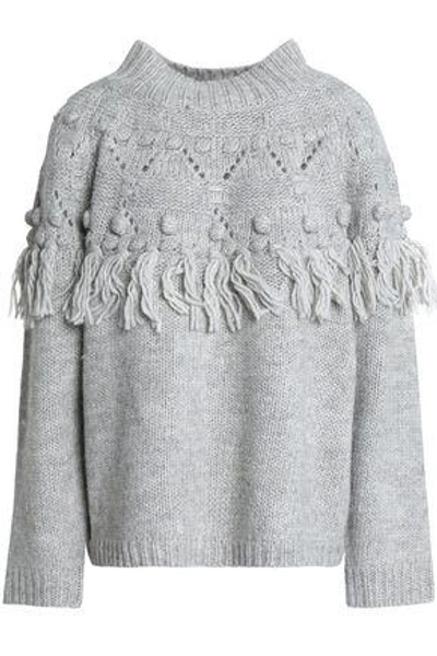 Shop Rachel Zoe Woman Pompom-embellished Tasseled Wool-blend Sweater Light Gray