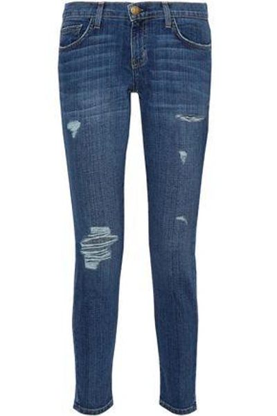 Shop Current Elliott Woman Distressed Mid-rise Slim-fit Jeans Mid Denim