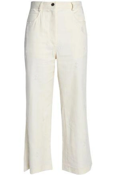 Shop Sandro Woman Cropped Distressed Cotton-blend Wide-leg Pants Ivory