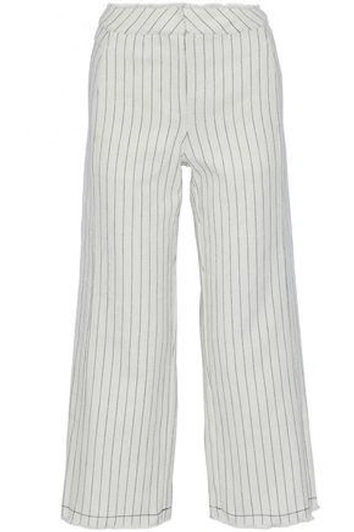 Shop Alexander Wang T Frayed Striped Basketweave Cotton Wide-leg Pants In White