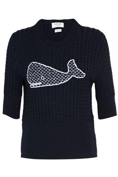 Shop Thom Browne Woman Embroidered Cable-knit Wool Sweater Midnight Blue