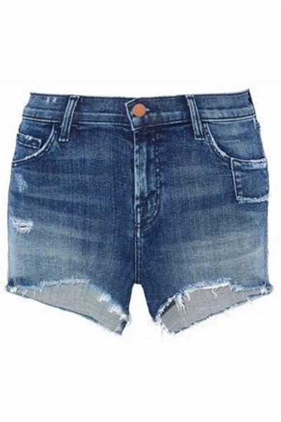 Shop J Brand Woman Patchwork-effect Frayed Denim Shorts Mid Denim