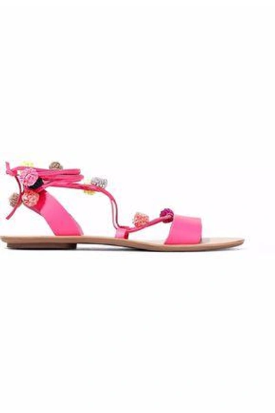 Shop Loeffler Randall Woman Saskia Pompom-embellished Lace-up Leather Sandals Pink