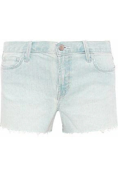 Shop J Brand Frayed Striped Denim Shorts In Sky Blue