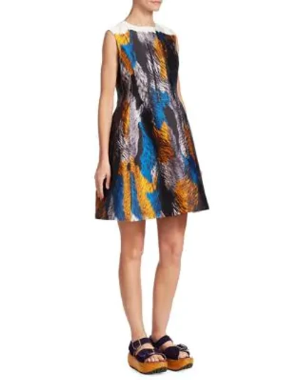 Shop Marni Feather Print Fit-and-flare Dress In Mazarine Blue