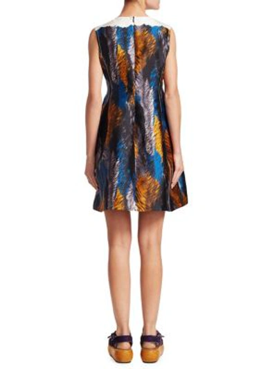 Shop Marni Feather Print Fit-and-flare Dress In Mazarine Blue