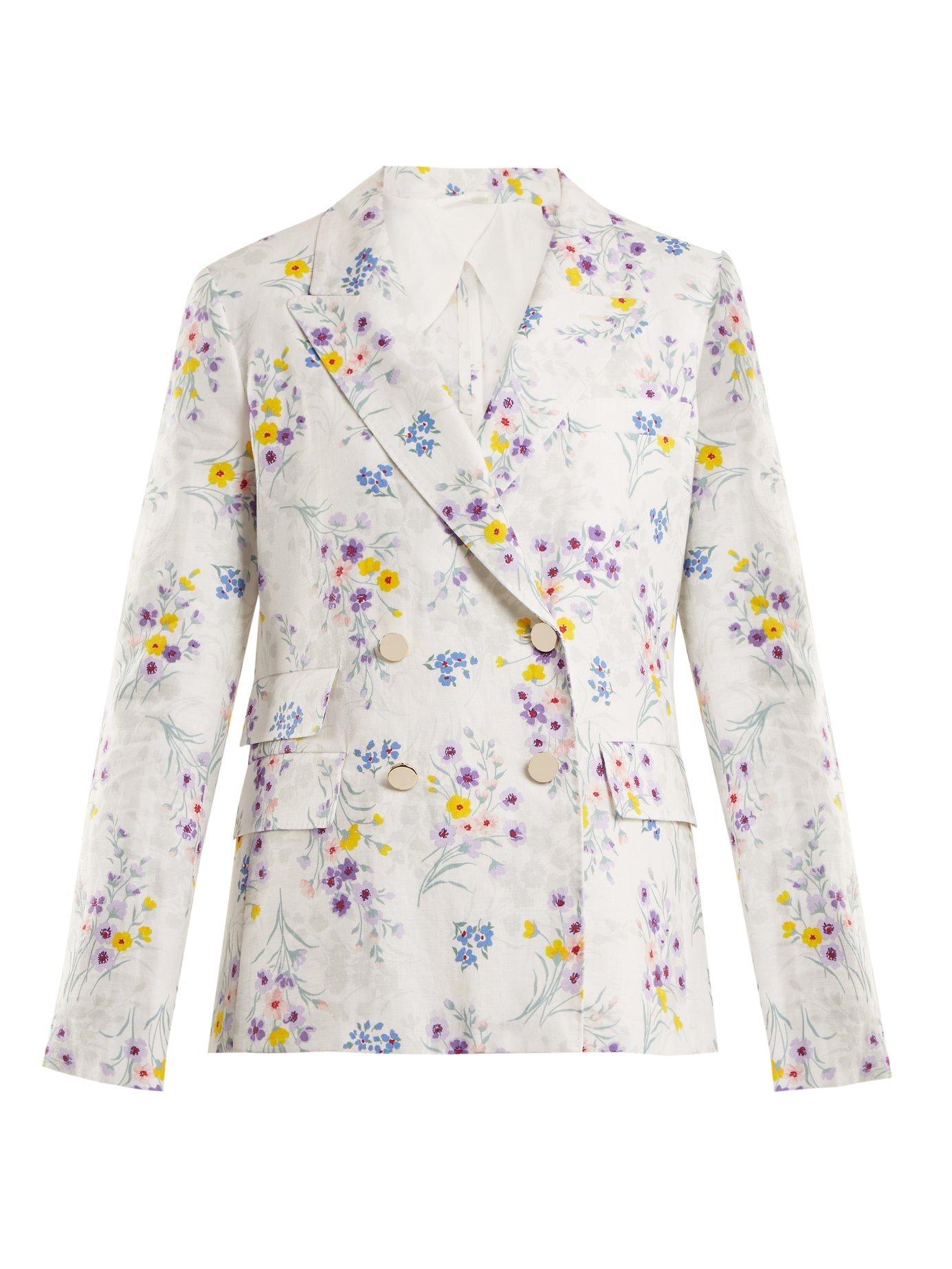 Max Mara Double-Breasted Floral-Print Linen Blazer In White | ModeSens