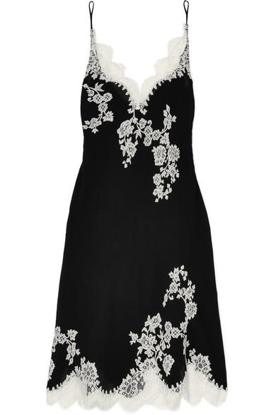 Carine Gilson Chantilly Lace-trimmed Silk-georgette Chemise In Black ...