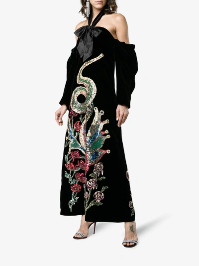 Shop Gucci Sequin Embroidered Velvet Gown In Black