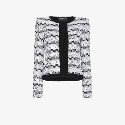 Shop Balmain Sequin Embellished Cotton Blend Jacket In White