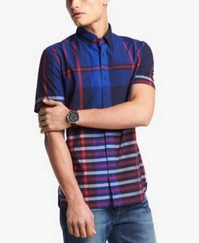 Shop Tommy Hilfiger Men's Hill Plaid Custom-fit Shirt, Created For Macy's In Peacoat