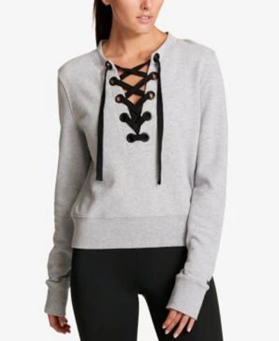 Shop Dkny Sport Cotton Lace-up French Terry Sweatshirt In Heather Grey