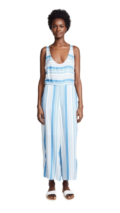 Shop Minkpink Stripe Jumpsuit In Washed Blue/off White