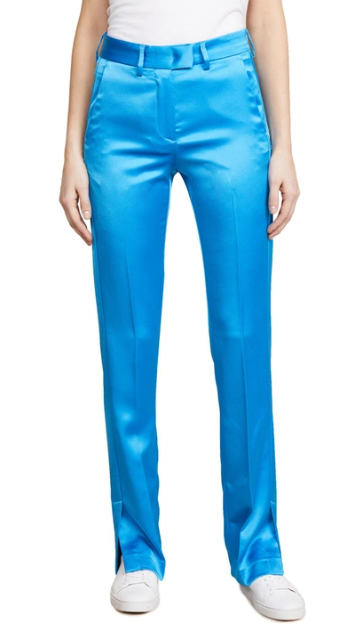 Shop Msgm Silk Pants With Slits In Blue