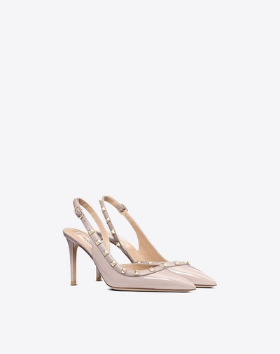 Shop Valentino Garavani Rockstud Patent-leather Slingback Pump 85 Mm In Poudre