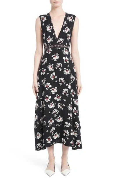 Shop Proenza Schouler Floral Print Hook-and-eye Waist Dress In Black/ Ecru Blossom