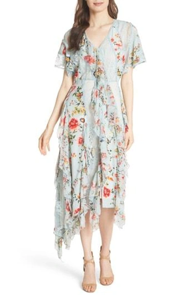 Shop Alice And Olivia Kadence Ruffled Silk & Lace Midi Dress In Floral Soiree-dusty Aqua
