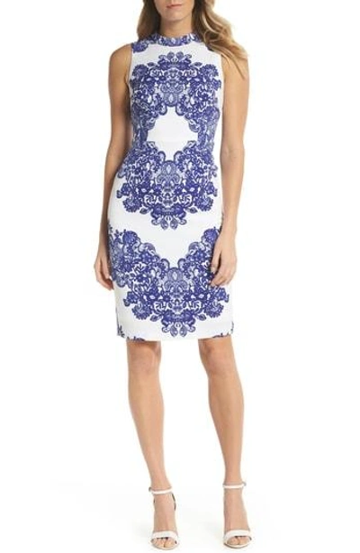 Shop Adrianna Papell Lace Print Sheath Dress In Ivory/ Ultra Blue
