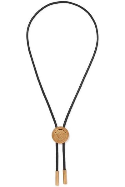 Shop Versace Medusa Leather And Gold-tone Necklace In Black