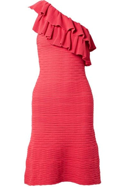 Shop Rebecca Vallance Chiara One-shoulder Ruffled Ribbed-knit Dress In Red