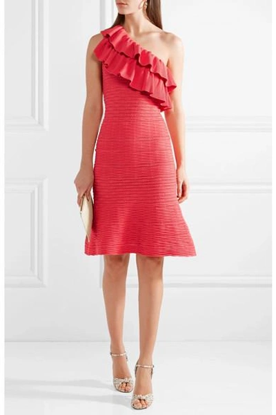 Shop Rebecca Vallance Chiara One-shoulder Ruffled Ribbed-knit Dress In Red