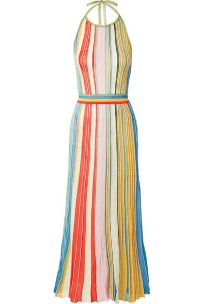 Shop Missoni Striped Metallic Stretch-knit Halterneck Dress In Coral