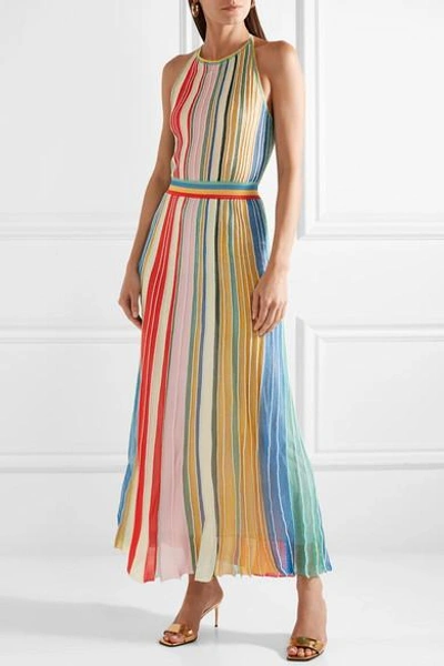 Shop Missoni Striped Metallic Stretch-knit Halterneck Dress In Coral