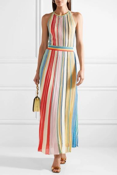 Shop Missoni Striped Metallic Stretch-knit Halterneck Dress In Coral