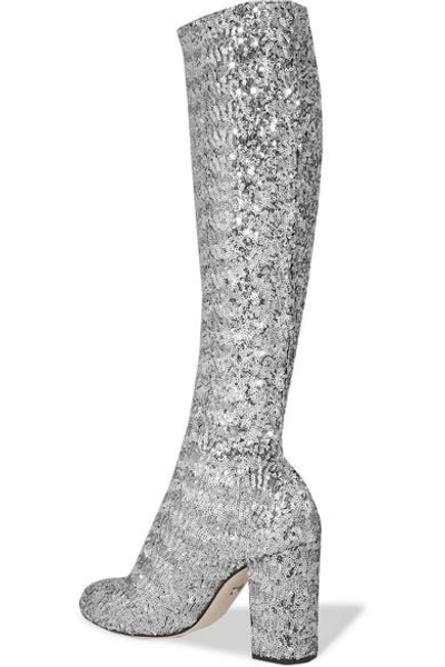 Shop Dolce & Gabbana Sequined Mesh Knee Boots In Silver