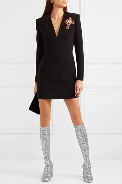 Shop Dolce & Gabbana Sequined Mesh Knee Boots In Silver