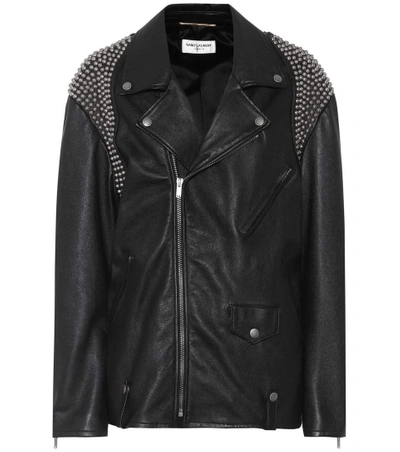 Shop Saint Laurent Embellished Leather Biker Jacket In Black