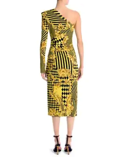 Shop Versace One-sleeve Jersey Dress In Gold Print