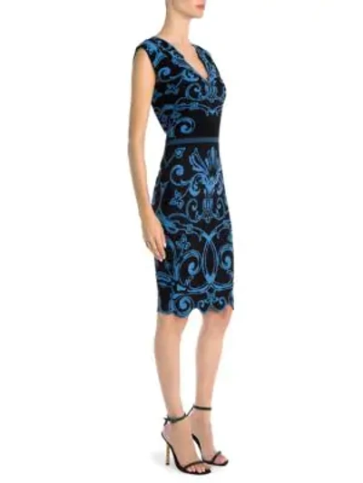 Shop Versace Graphic-print Cap-sleeve V-neck Knit Sheath Dress In Ice Blue