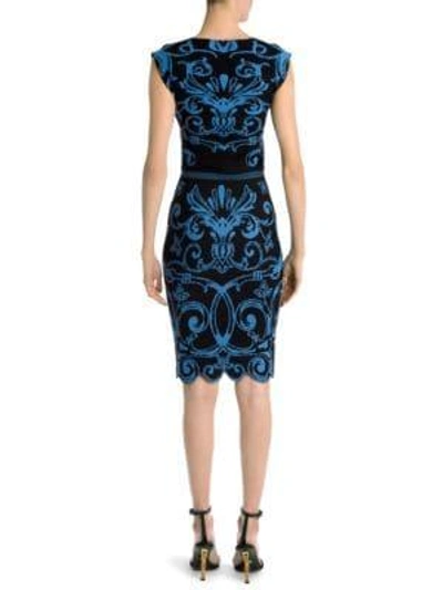 Shop Versace Graphic-print Cap-sleeve V-neck Knit Sheath Dress In Ice Blue