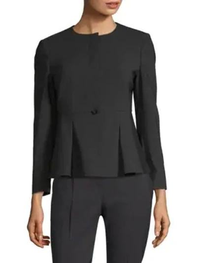 Shop Hugo Boss Jolanna Wool Flounce Hem Jacket In Black