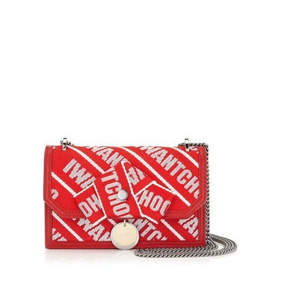 Shop Jimmy Choo Finley Red And Rosewater Logo Tape Cross Body Mini Bag With Bow In Red/rosewater