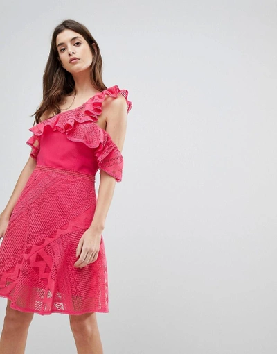 Shop Three Floor One Shoulder Frill Lace Dress-pink