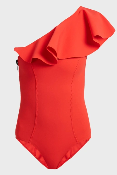 Shop Lisa Marie Fernandez Arden Flounce One-piece Swimsuit In Red