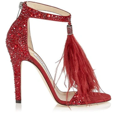 VIOLA 110 Red Suede and Hotfix Sandals with Red Ostrich Feather Tassel