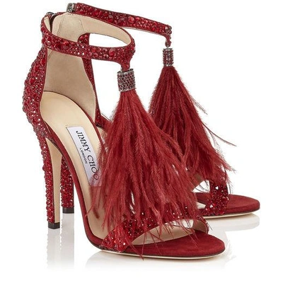 VIOLA 110 Red Suede and Hotfix Sandals with Red Ostrich Feather Tassel