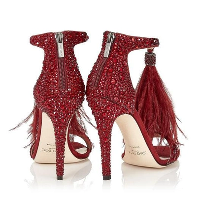 VIOLA 110 Red Suede and Hotfix Sandals with Red Ostrich Feather Tassel