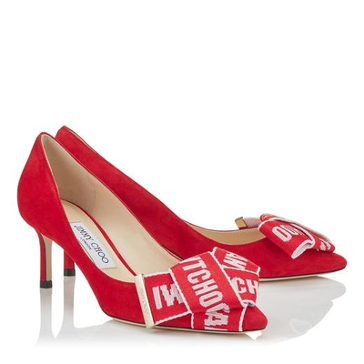 Shop Jimmy Choo Tegan 60 Red Suede Pointy Toe Pumps With Rosewater Logo Tape Bow Detailing In Red/rosewater