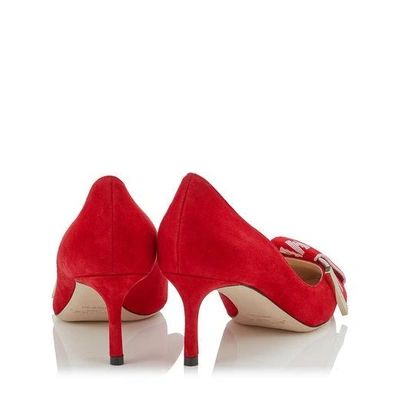 Shop Jimmy Choo Tegan 60 Red Suede Pointy Toe Pumps With Rosewater Logo Tape Bow Detailing In Red/rosewater